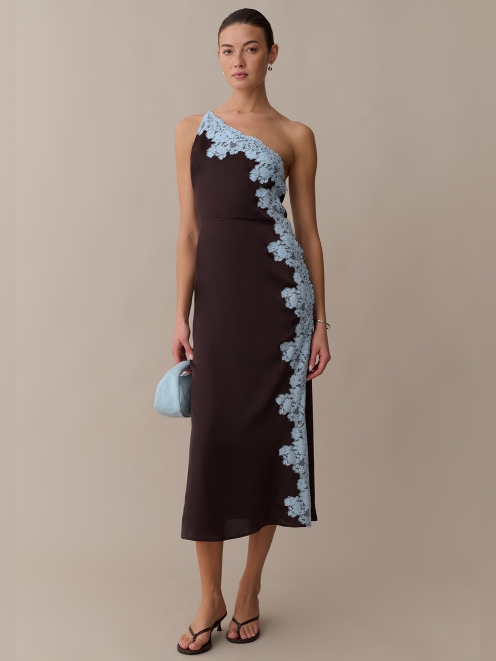 NWT Few Moda Aiko Dress size 4 coffee brown blue lace one shoulder midi o.p.t
